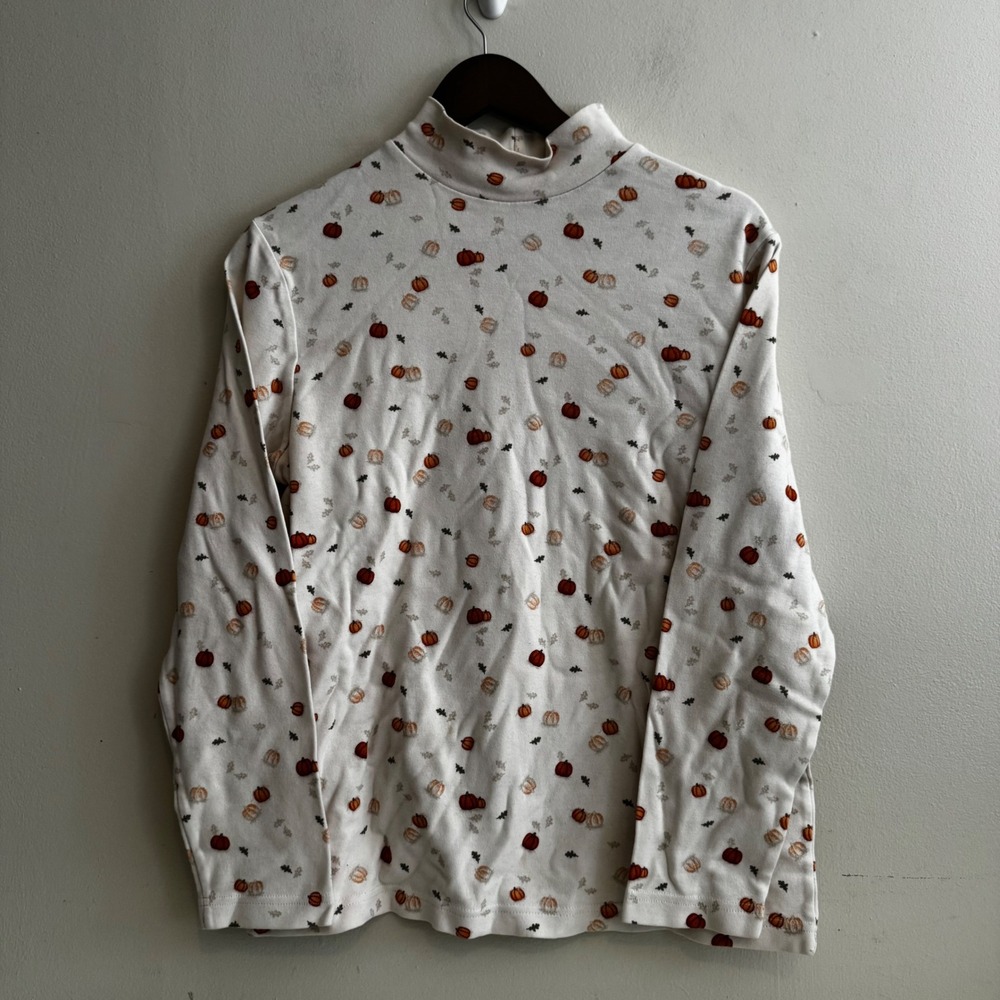 Women's Sm White Long Sleeve Pumpkin Print Mock Neck Seasonal Fall Shirt Cotton